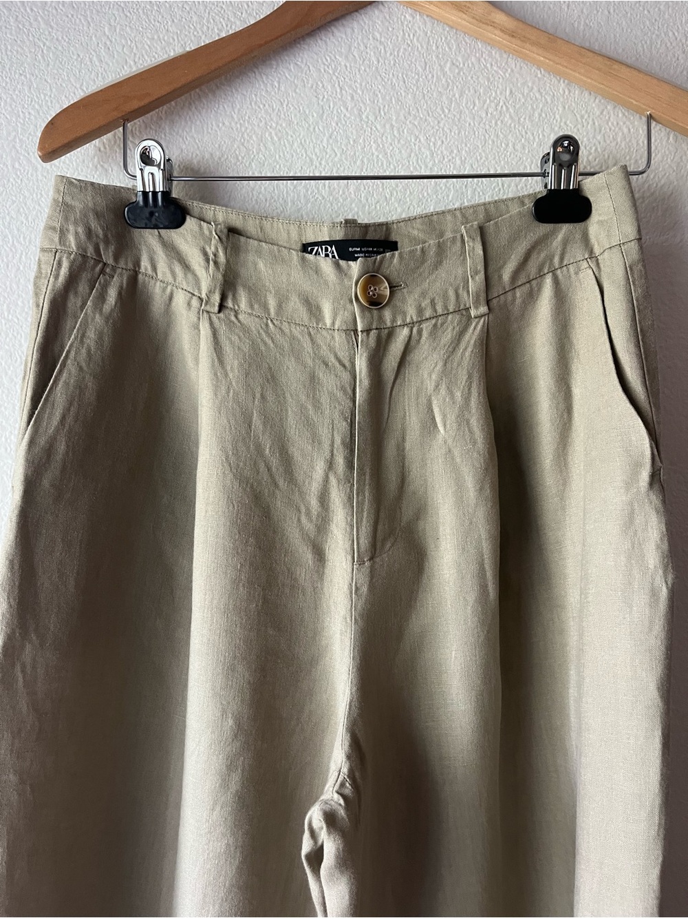 Zara Relaxed Linen Wide Leg Crop Trouser Pleat Front Pant Khaki Tan Size M - Picture 3 of 10